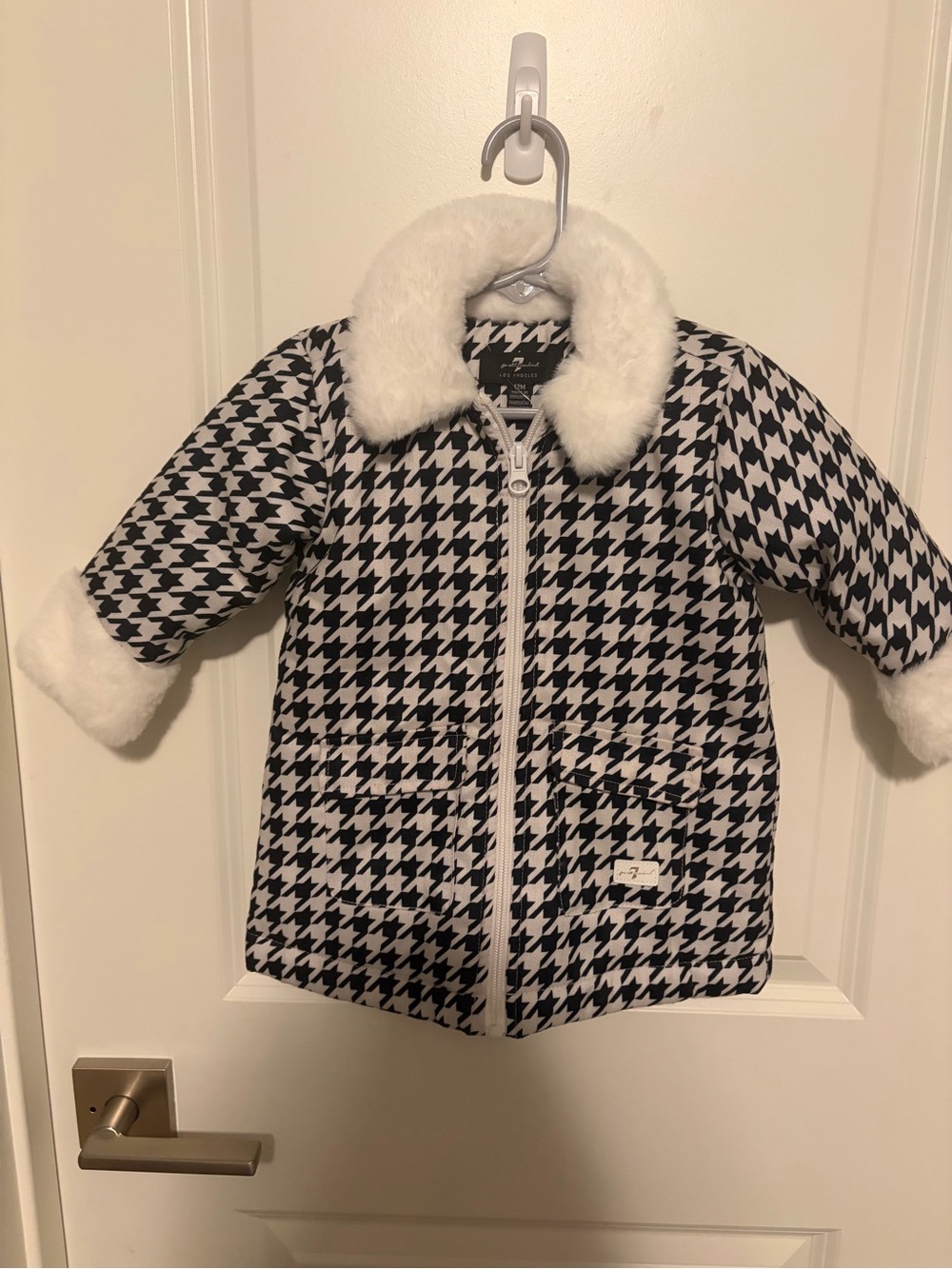 7 For All Mankind Black & White Houndstooth Puffer Coat with Faux-Fur Trim